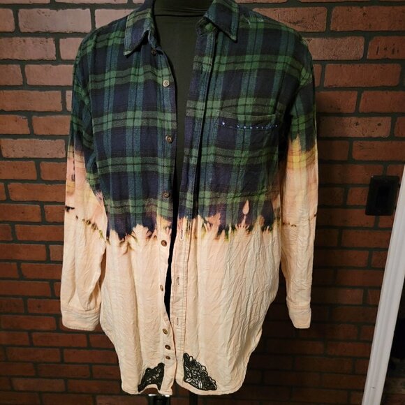 Tops - Custom Blue Green flannel plaid bleached shirt with sequined reindeer on back